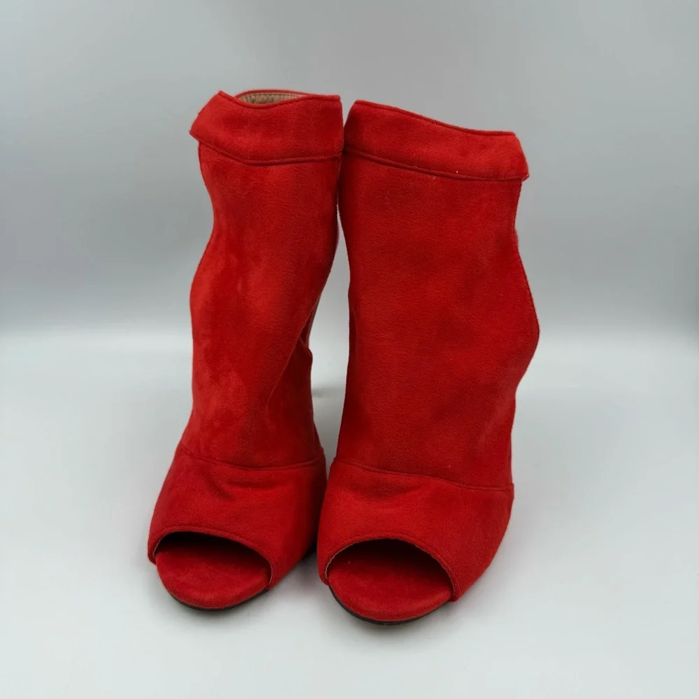 Meiliani Red Faux Suede Peep Toe Stiletto Booties Women’s Size 8 - Picture 4 of 15